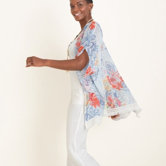 Chico’s NWOT Ikat Paradise Ruana linen fringe kimono coverup top Small/Medium - Picture 8 of 13
